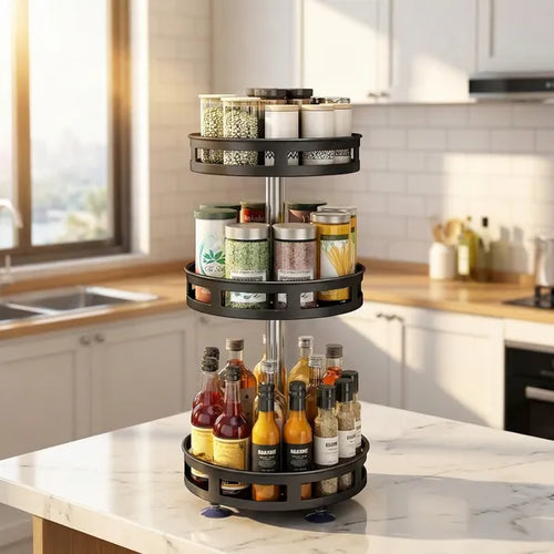 3-Tier Rotating Spice Rack – Carbon Steel 360° Turntable Organizer