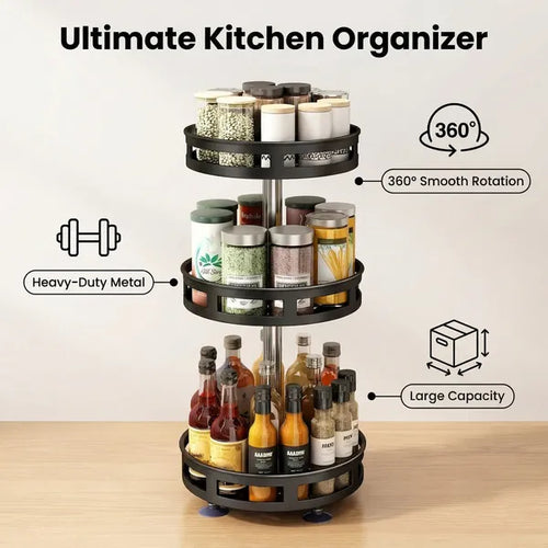 3-tier rotating spice rack organizer in black carbon steel