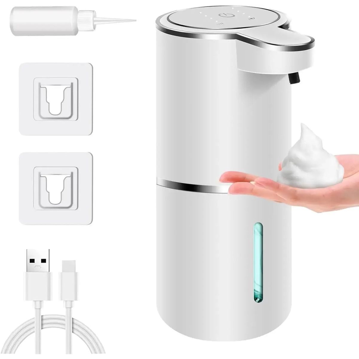 Automatic touchless soap dispenser on a bathroom sink
