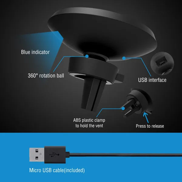 Car charger shown with USB cable and mounting ring