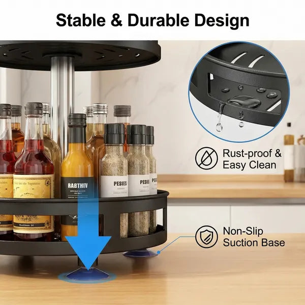Close-up of spice rack's 360° turntable base