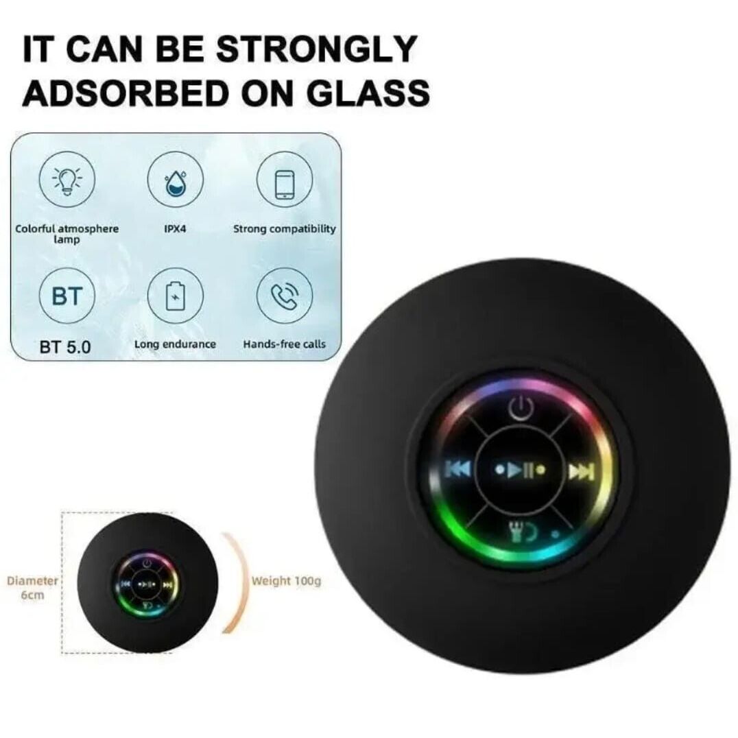 Close-up of waterproof Bluetooth speaker with LED light glowing