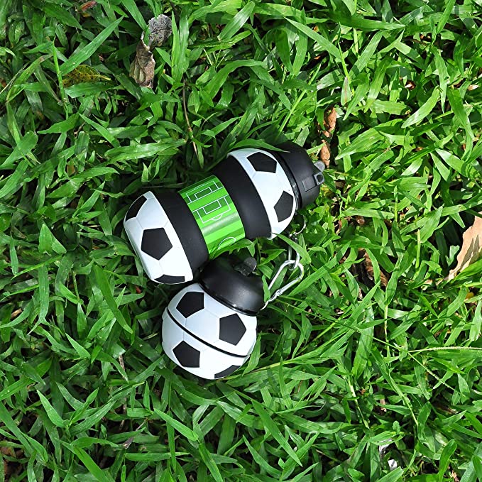 Collapsible water bottle folded into soccer ball shape