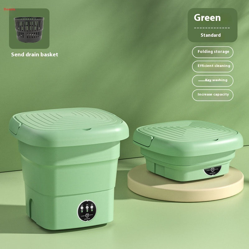 Compact plug-in washing machine with drain pipe attached