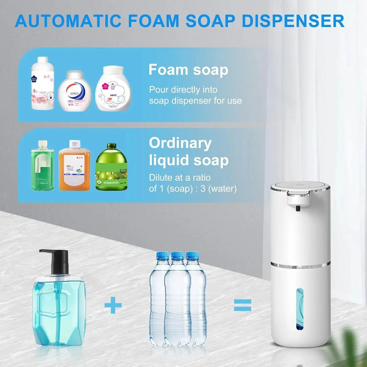 Compact white automatic soap dispenser for kitchen or bath