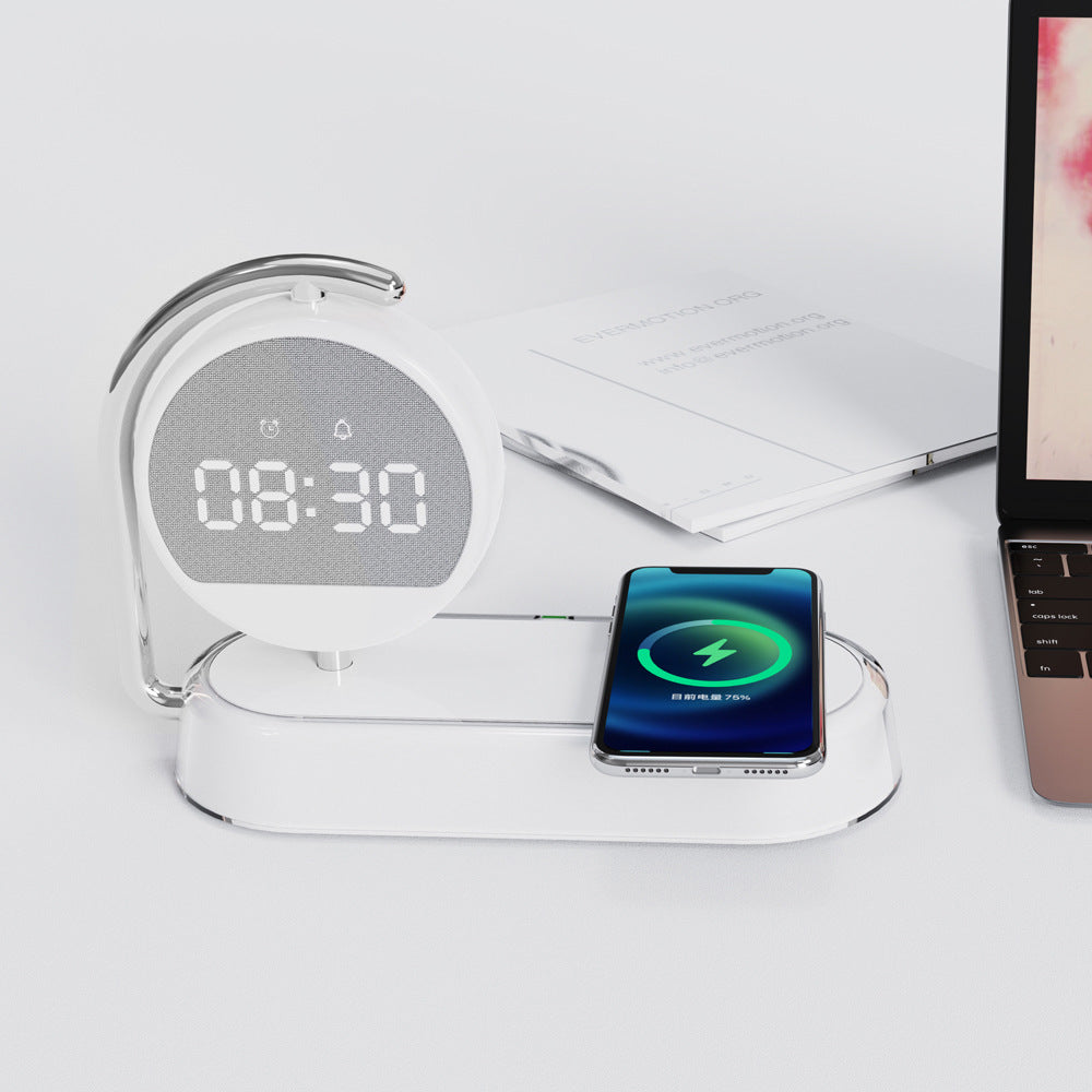 Desktop wireless charging clock shown with power cord