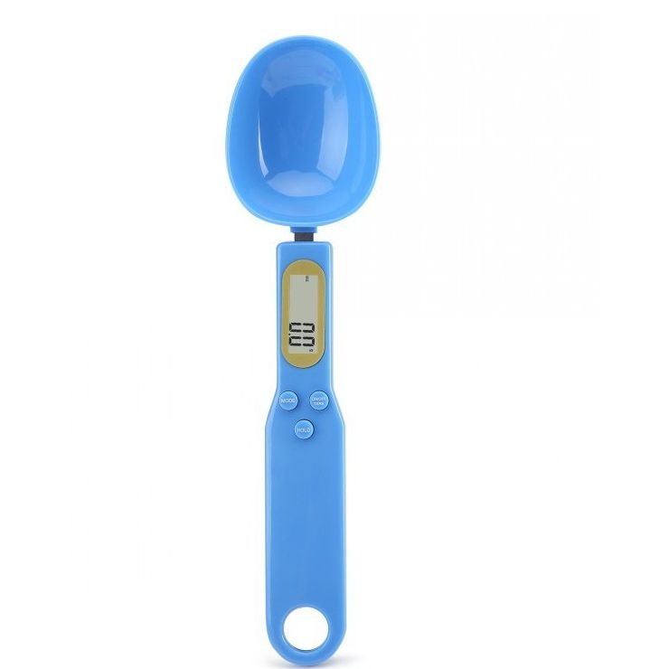 Digital cup scale with LCD display showing weight reading in Blue color