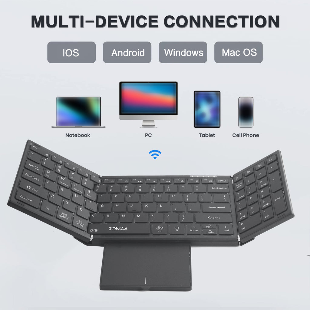 Foldable Bluetooth keyboard unfolded with touchpad