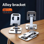Folding alloy phone holder on a desk in black