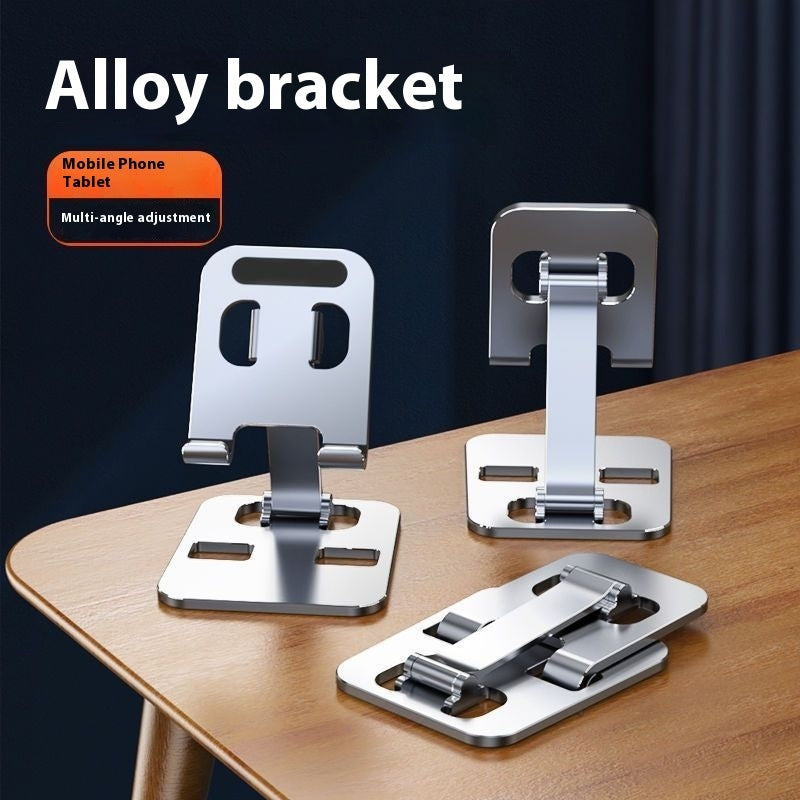 Folding alloy phone holder on a desk in black