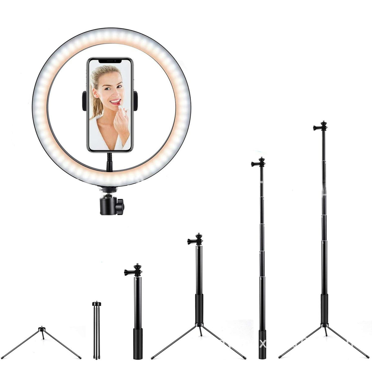 LED ring light shown in 8-inch and 10-inch sizes