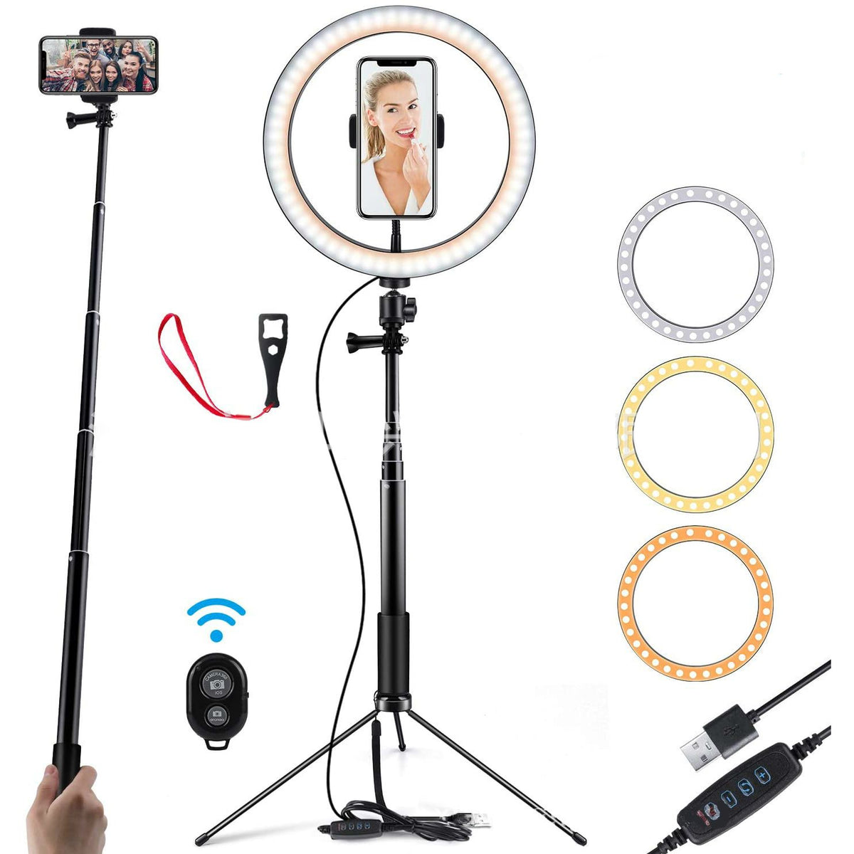 LED ring light with phone mounted on selfie stick