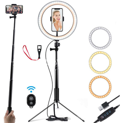 LED ring light with phone mounted on selfie stick