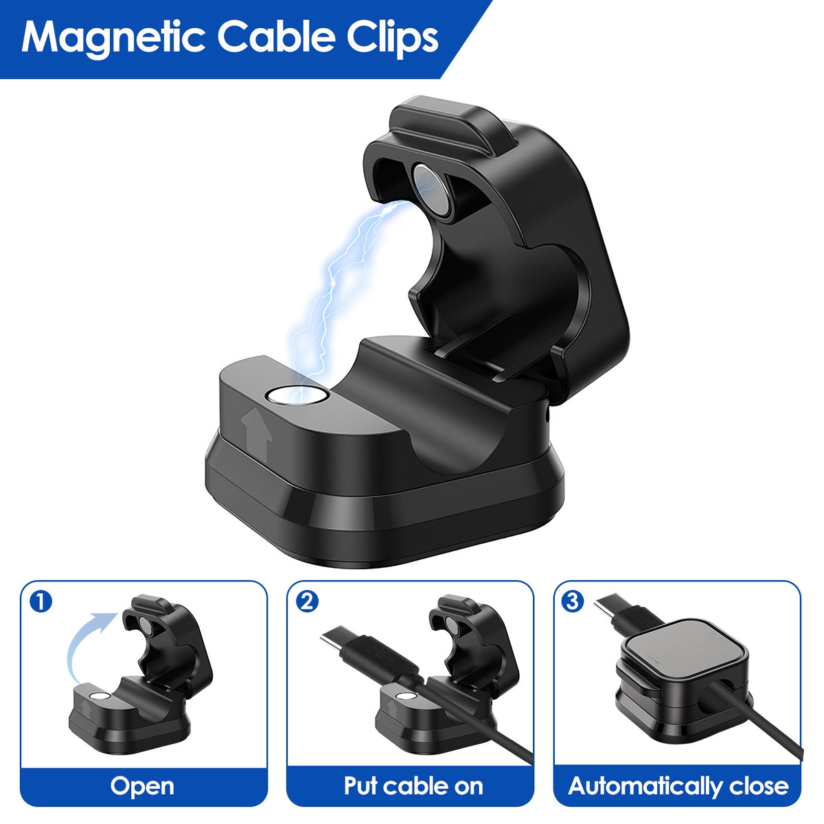 Magnetic cable clip holding a charging cord on a desk