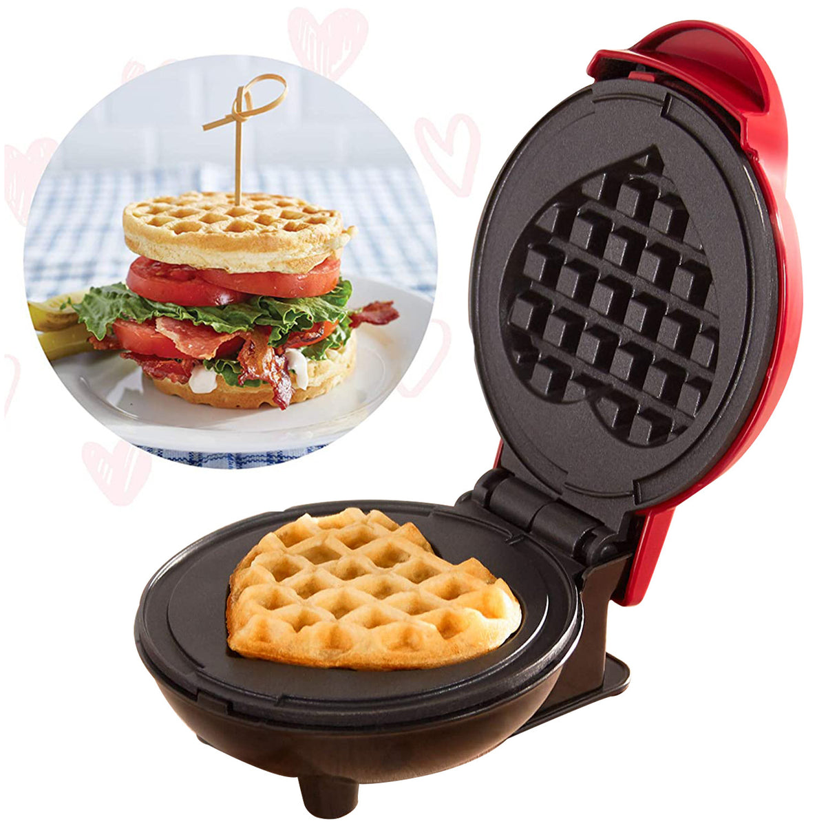 Mini waffle maker in pink color on kitchen counter