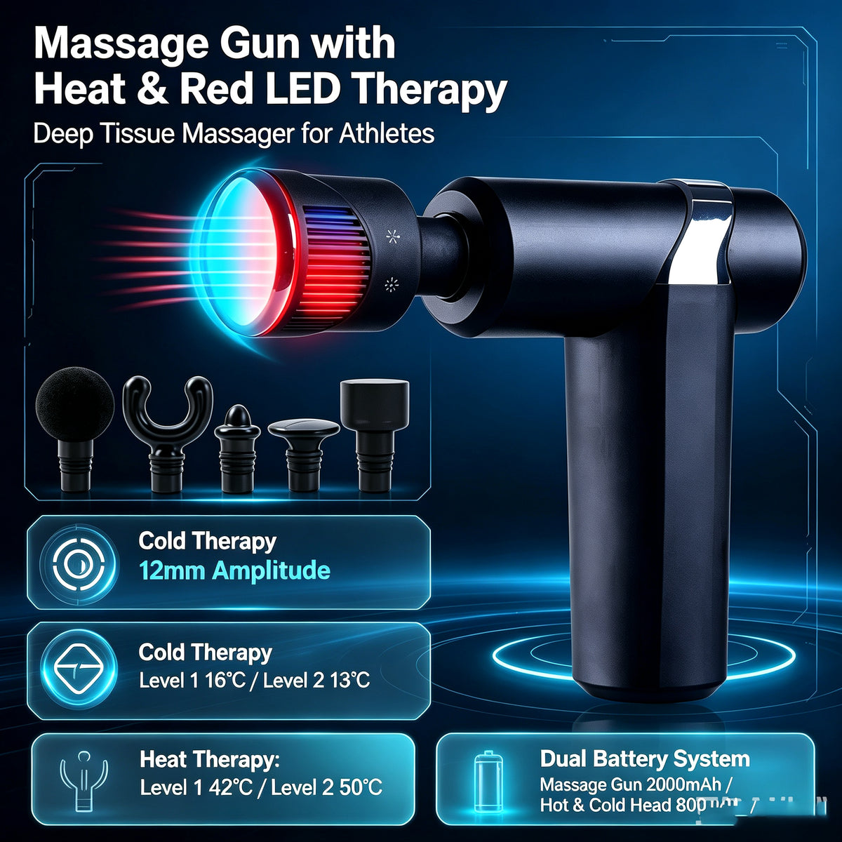Percussion massage gun with all 5 head attachments displayed