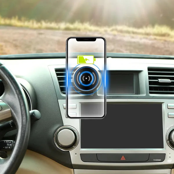 Phone charging wirelessly on car air vent mount