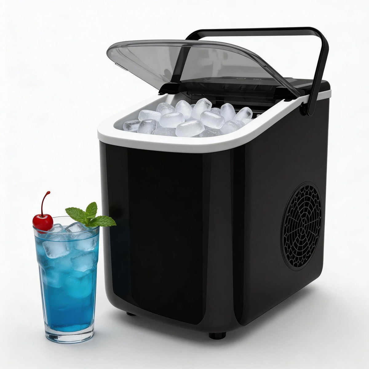 Portable countertop ice maker with built-in handle in beige