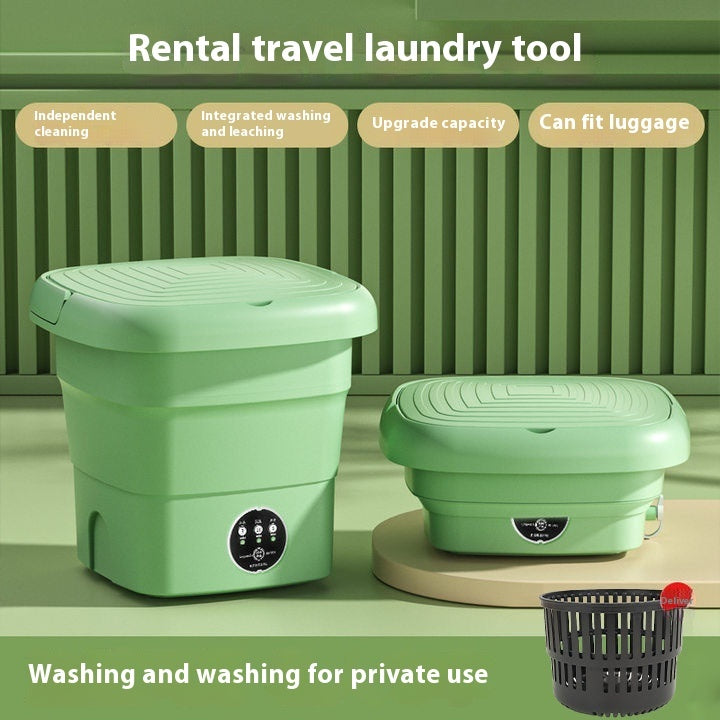 Portable mini washer in fruit green color on a laundry room floor