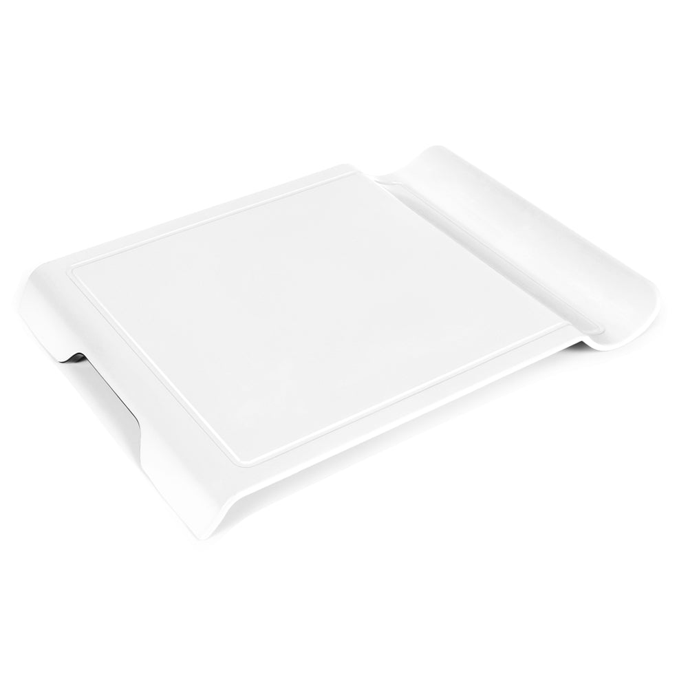 Red foldable cutting board shown flat for chopping