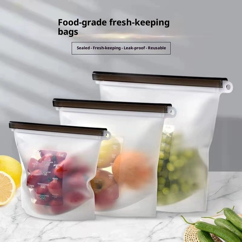 Reusable silicone storage bag in blue on kitchen counter