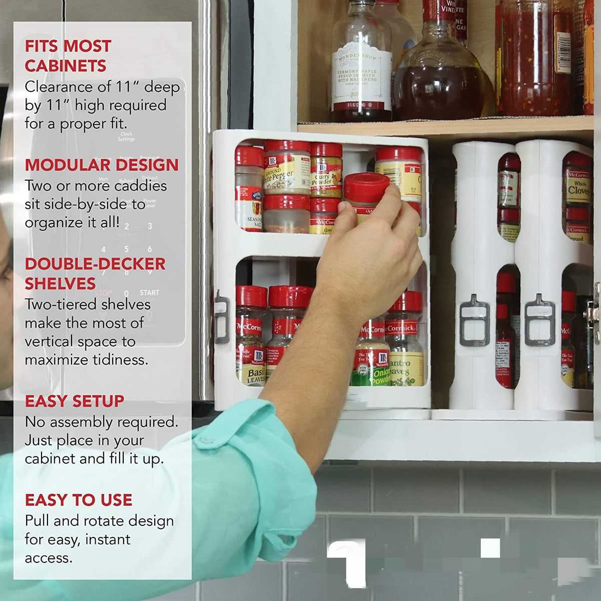Rotating double tier rack for kitchen storage