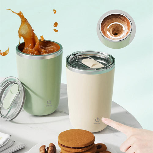 Self-stirring mug available in pink and green colors