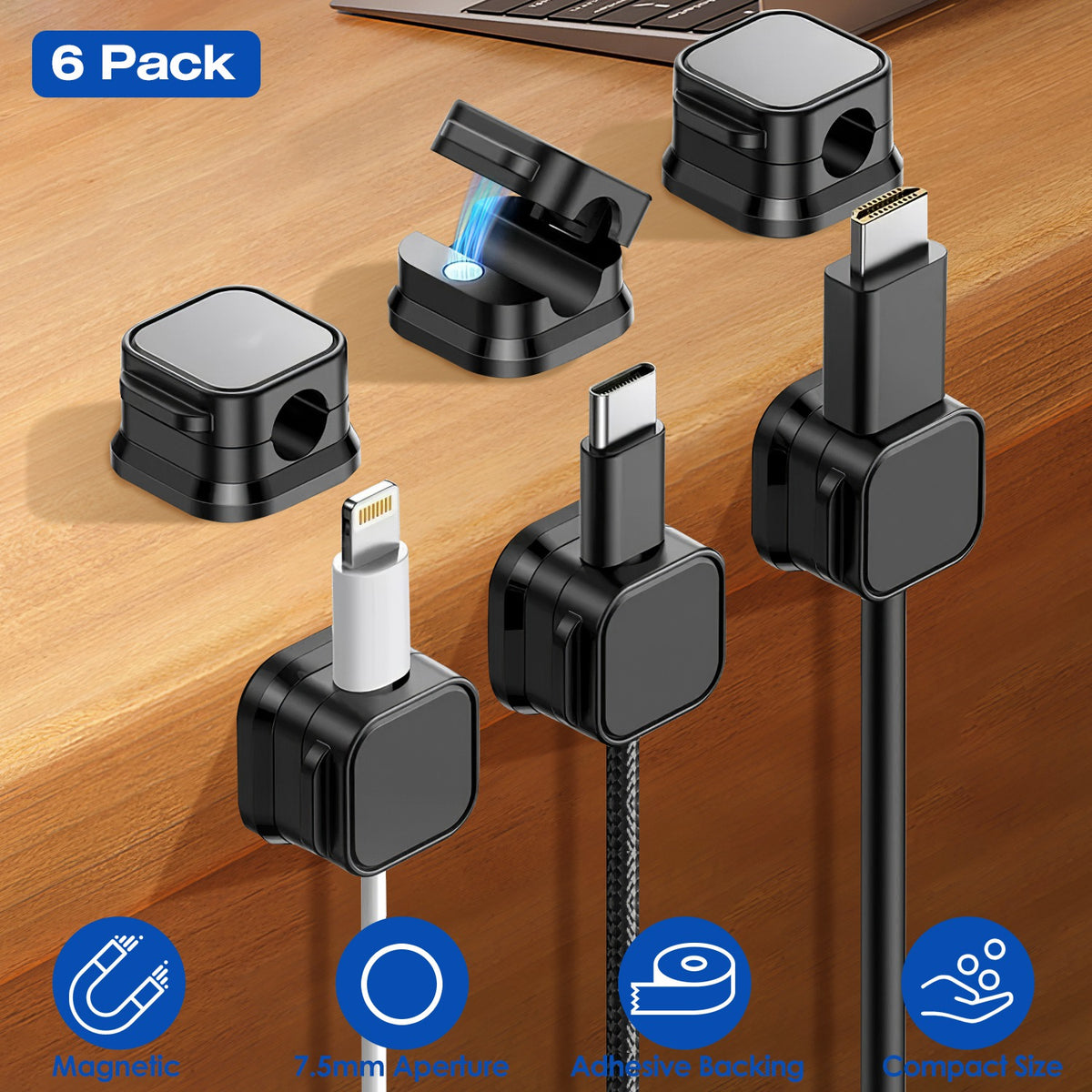 Set of 6 magnetic cable clips in black