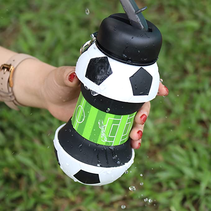 Soccer-themed silicone water bottle for sports and travel