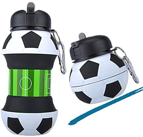 Soccer ball silicone water bottle in white, extended