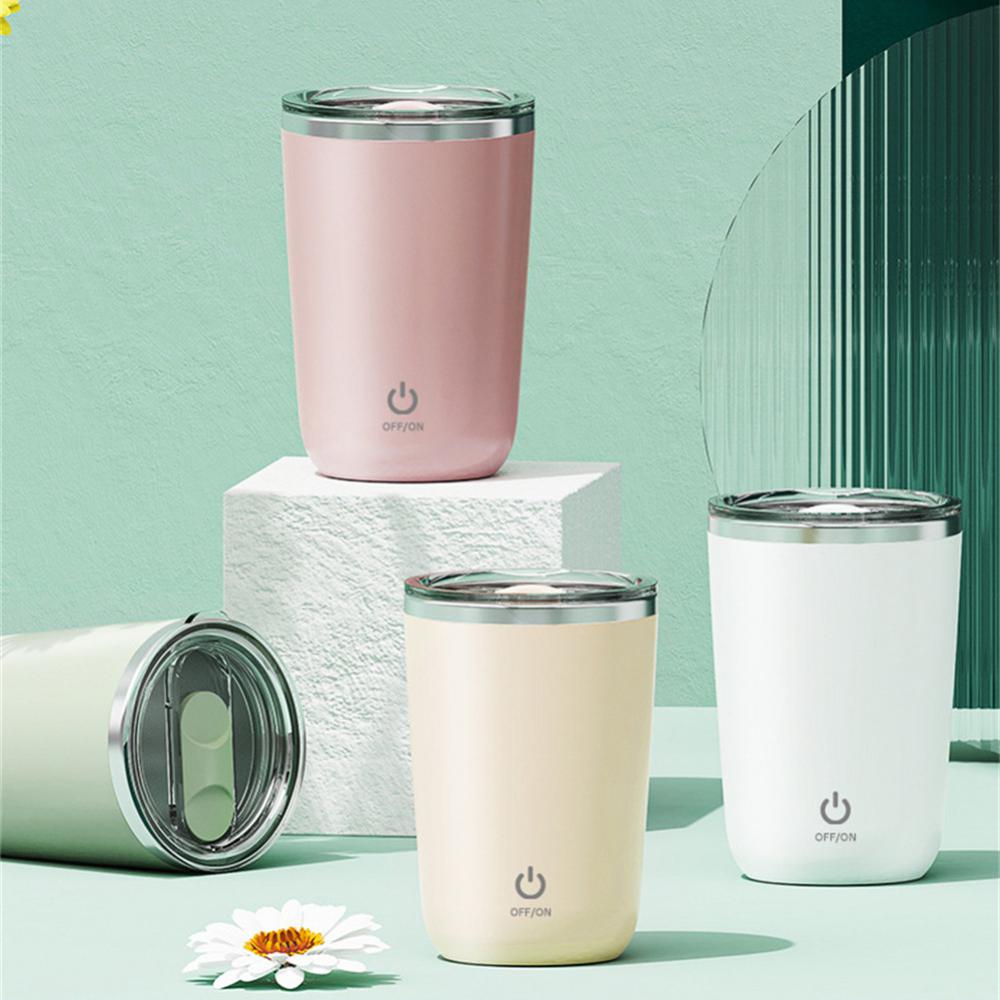 Stainless steel stirring mug shown with USB-C cable