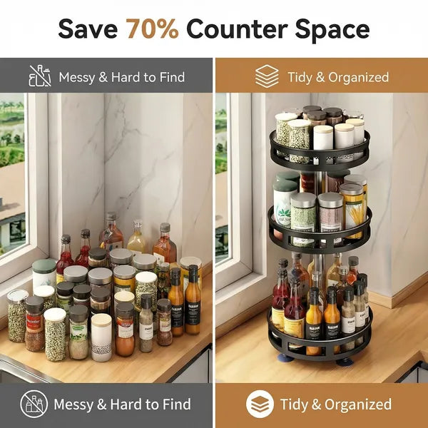 Vertical 3-layer spice organizer on a kitchen countertop